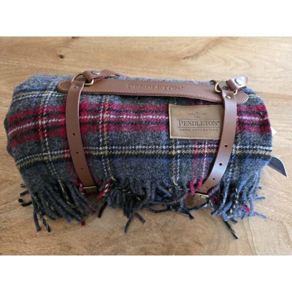 Pendleton Motor Robe 100% Wool Throw Blanket With Leather Carrier 52"x66" Plaid